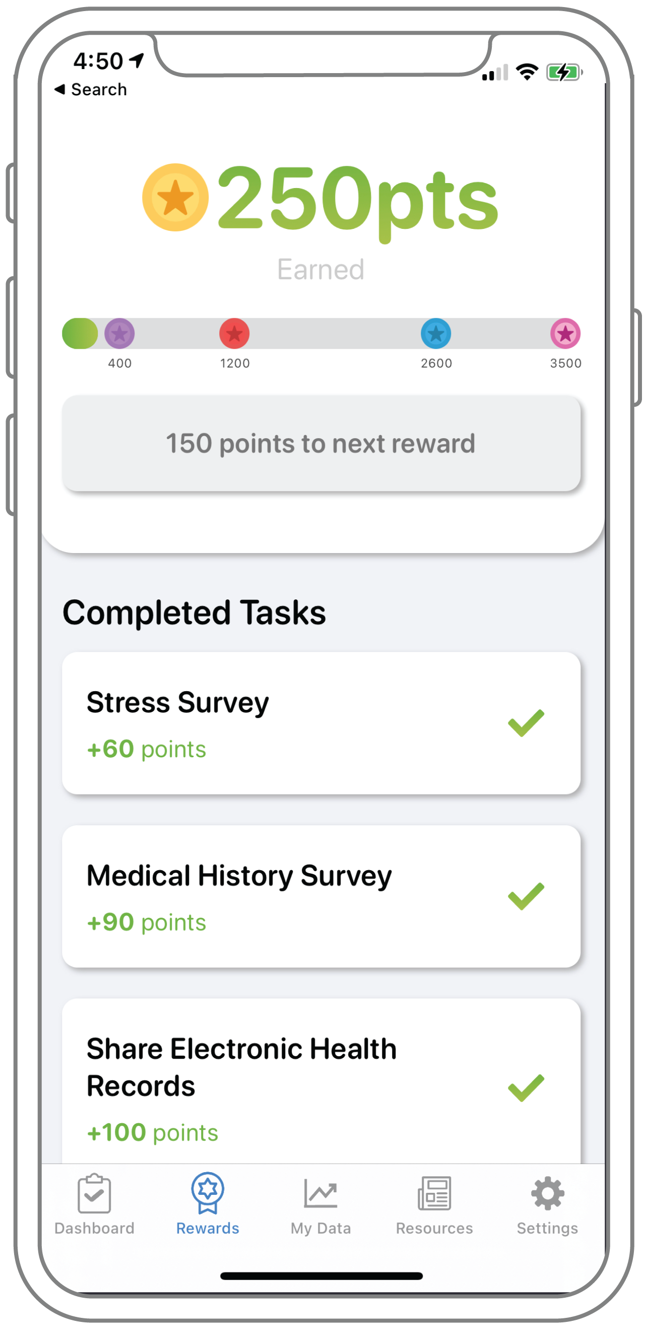 Screenshot of the Rewards tab in the PROGRESS mobile app