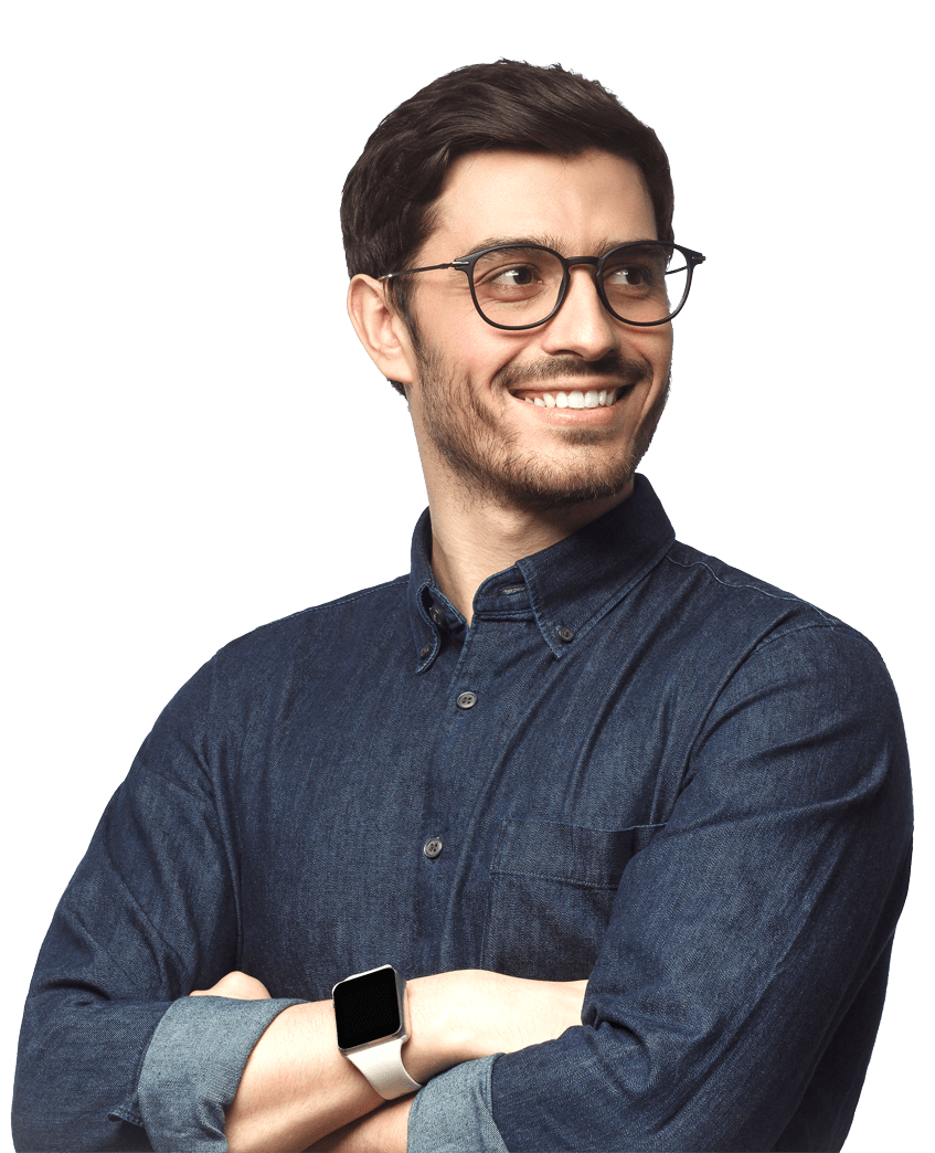 Image of a man smiling, wearing a smart watch.