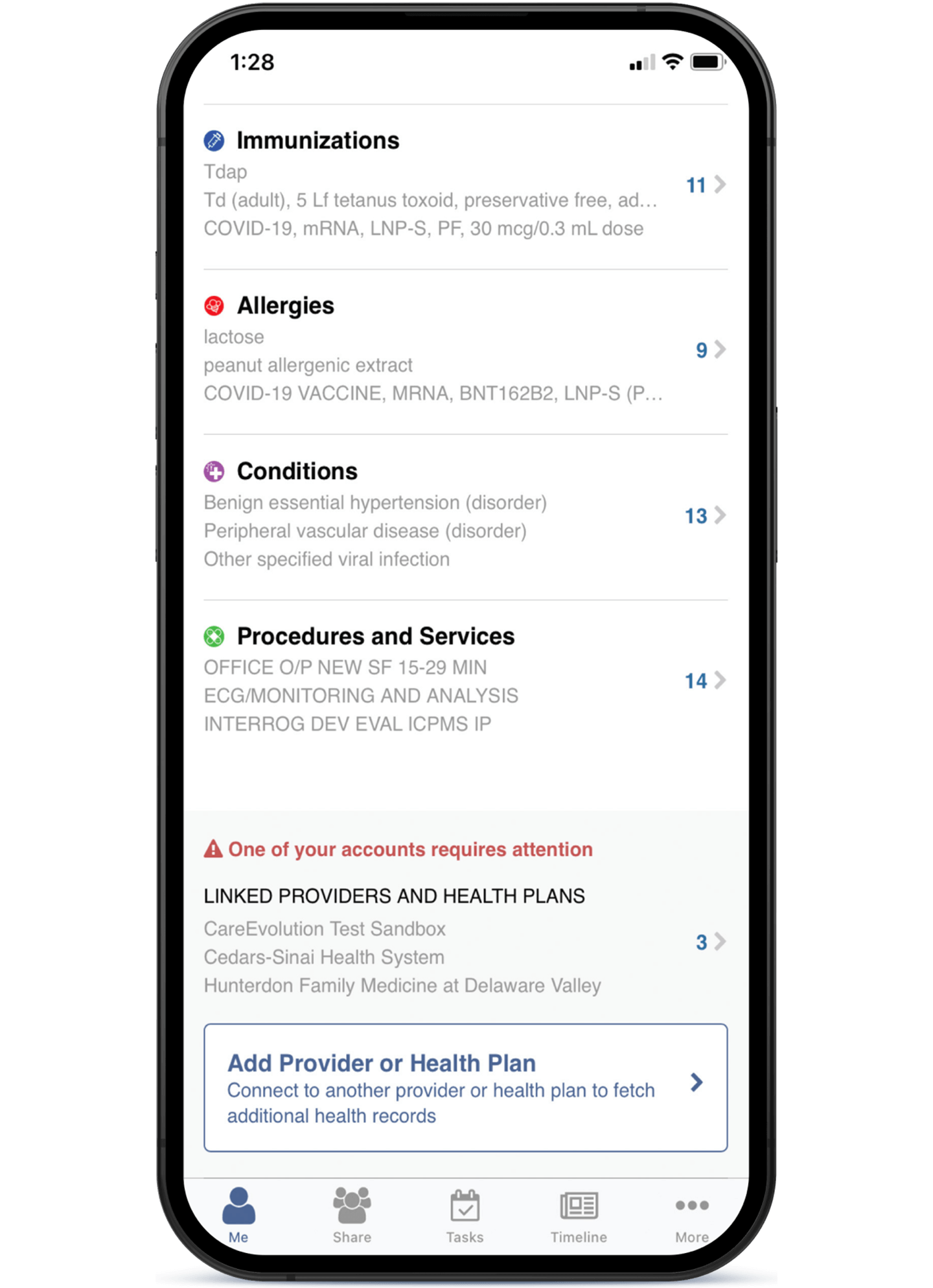 App screen for myFHR showing four sections: Immunizations, allergies, conditions, procedures and services. It also shows an alert that requires attention. And a way to add provider or health plan.