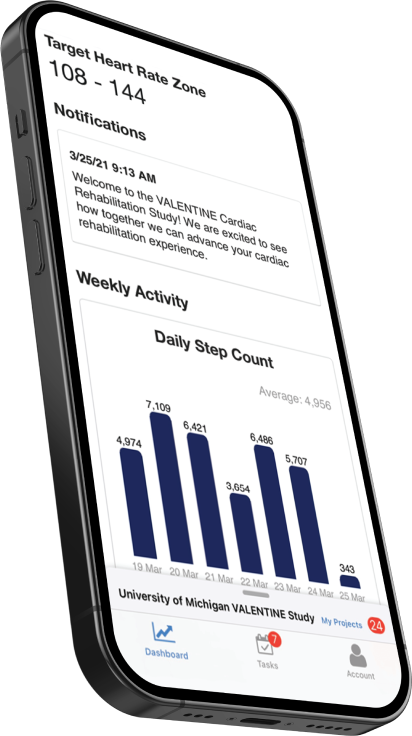 A phone screen displaying a health tracking feature in the Valentine Study case study for cardiac rehabilitation experiences.