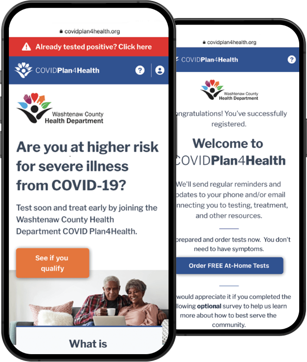 Two phone screens displaying the CovidPlan4Health website, featuring risk assessment for COVID and other severe illnesses and free COVID test ordering.