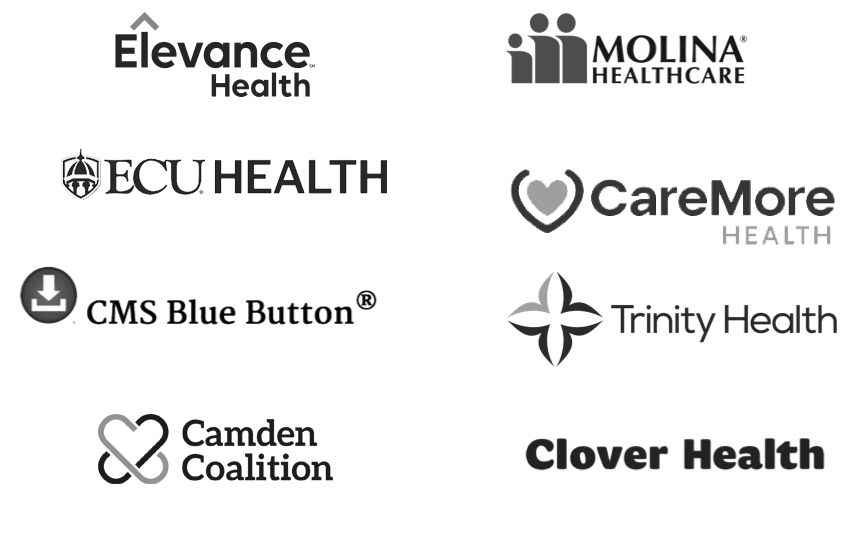 Elevance Health, ECU Health, CMS Blue Button, Camden Coalition, Molina Healthcare, CareMore Health, Trinity Health, Clover Health logos