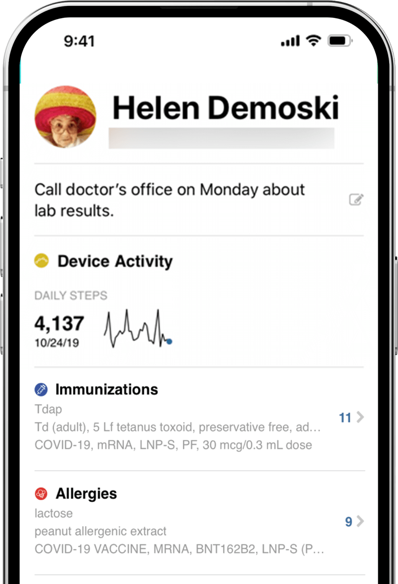 App screen showing a user's profile in myFHR. Screen represents the name of the user, a reminder to call the doctor, device activity, immunizations, and allergies