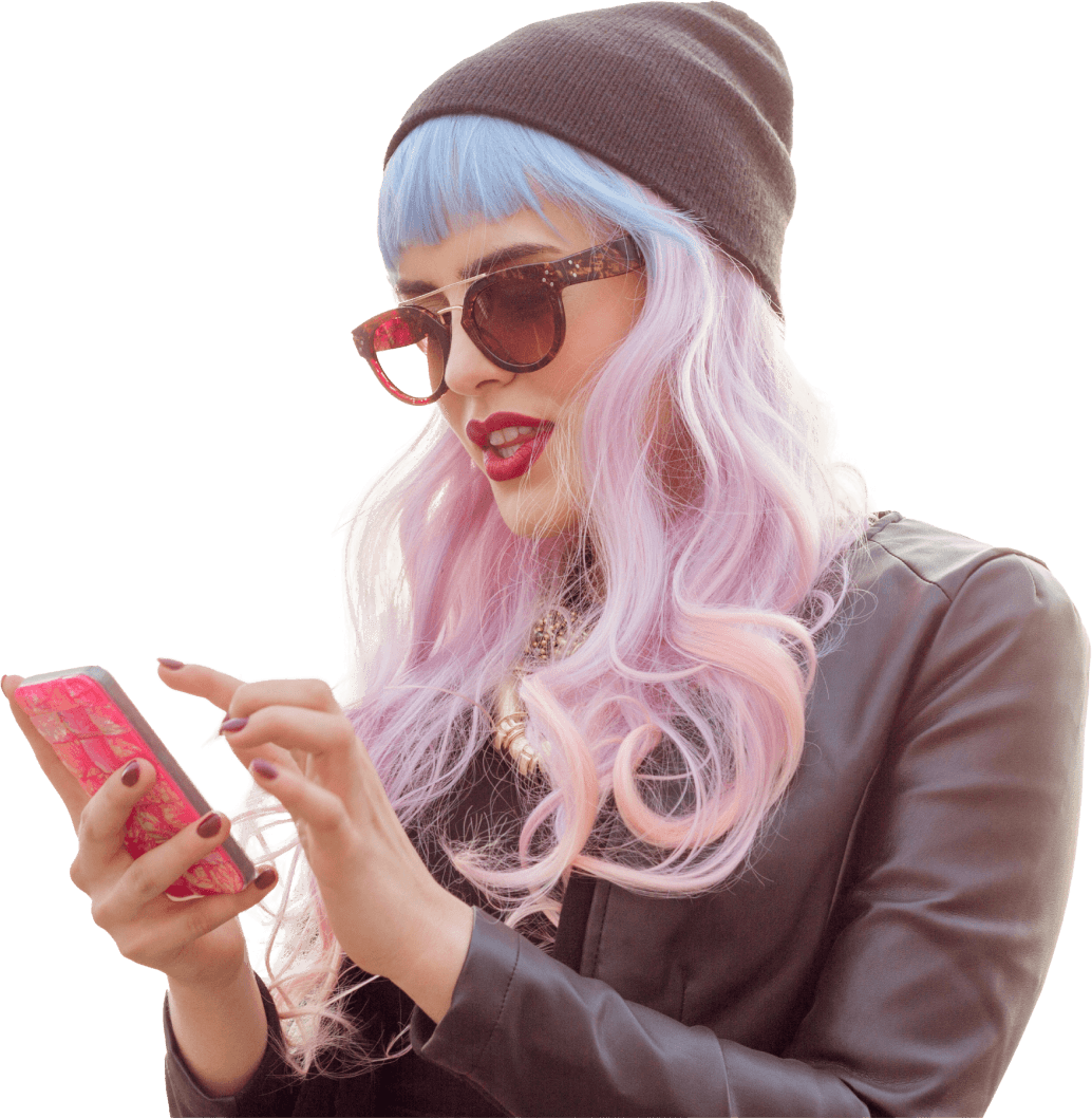 Image of a woman wearing sunglasses using her phone