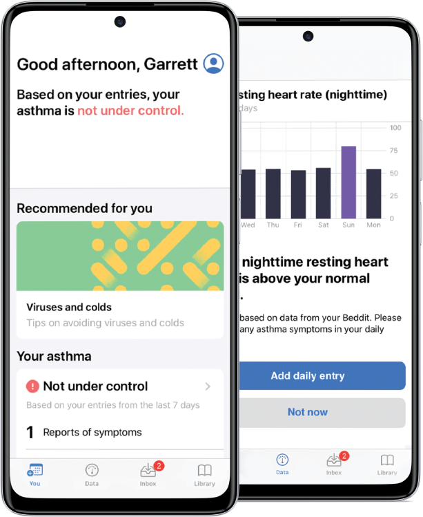 Two phone screens on the MyDataHelps app for the Asthma Digital study. The app tracks health entries and recommends tips for health improvement.