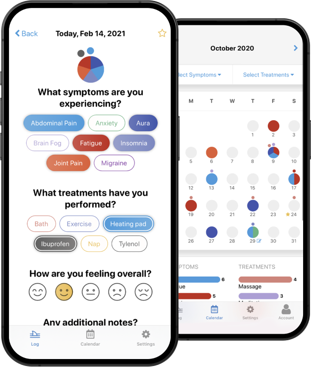 Two phone screens displaying the Symptom Shark app, select symptoms, moods, and treatments over time.