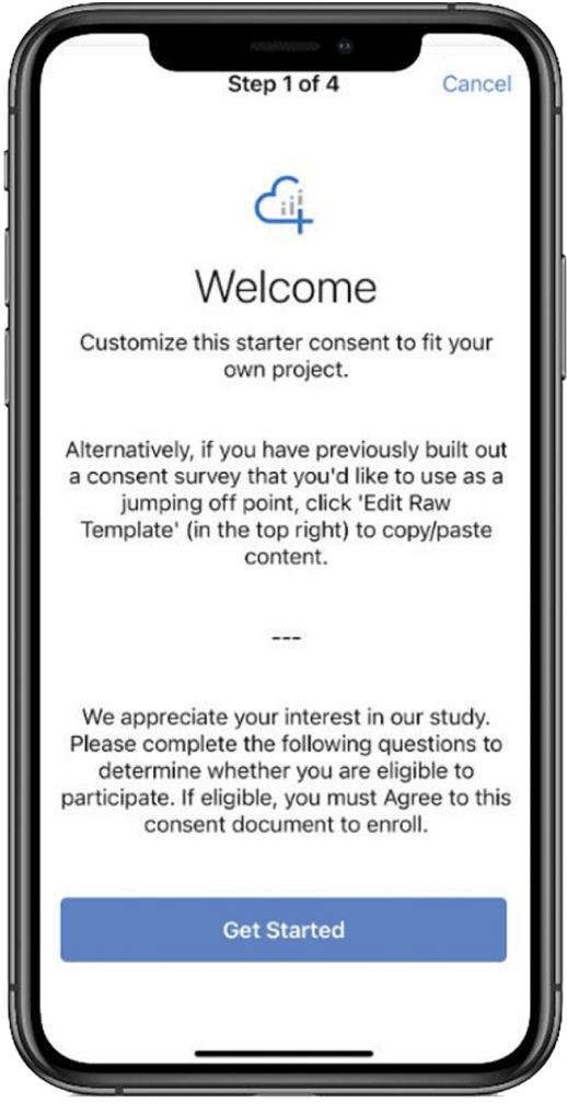 eConsent welcome screen on a phone