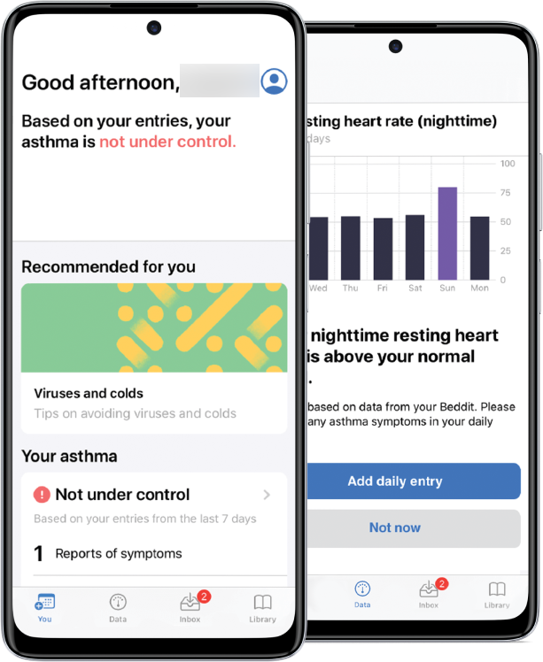 Two phone screens on the MyDataHelps app for the Asthma Digital study. The app tracks health entries and recommends tips for health improvement.