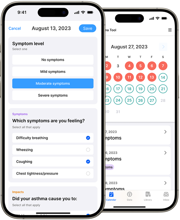 Asthma Tool log symptom screen and tracker screen