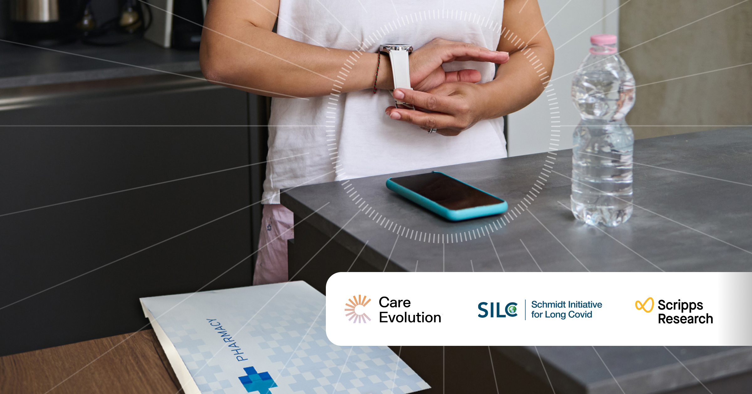 Woman with smart watch and phone with delivered prescriptions on the counter