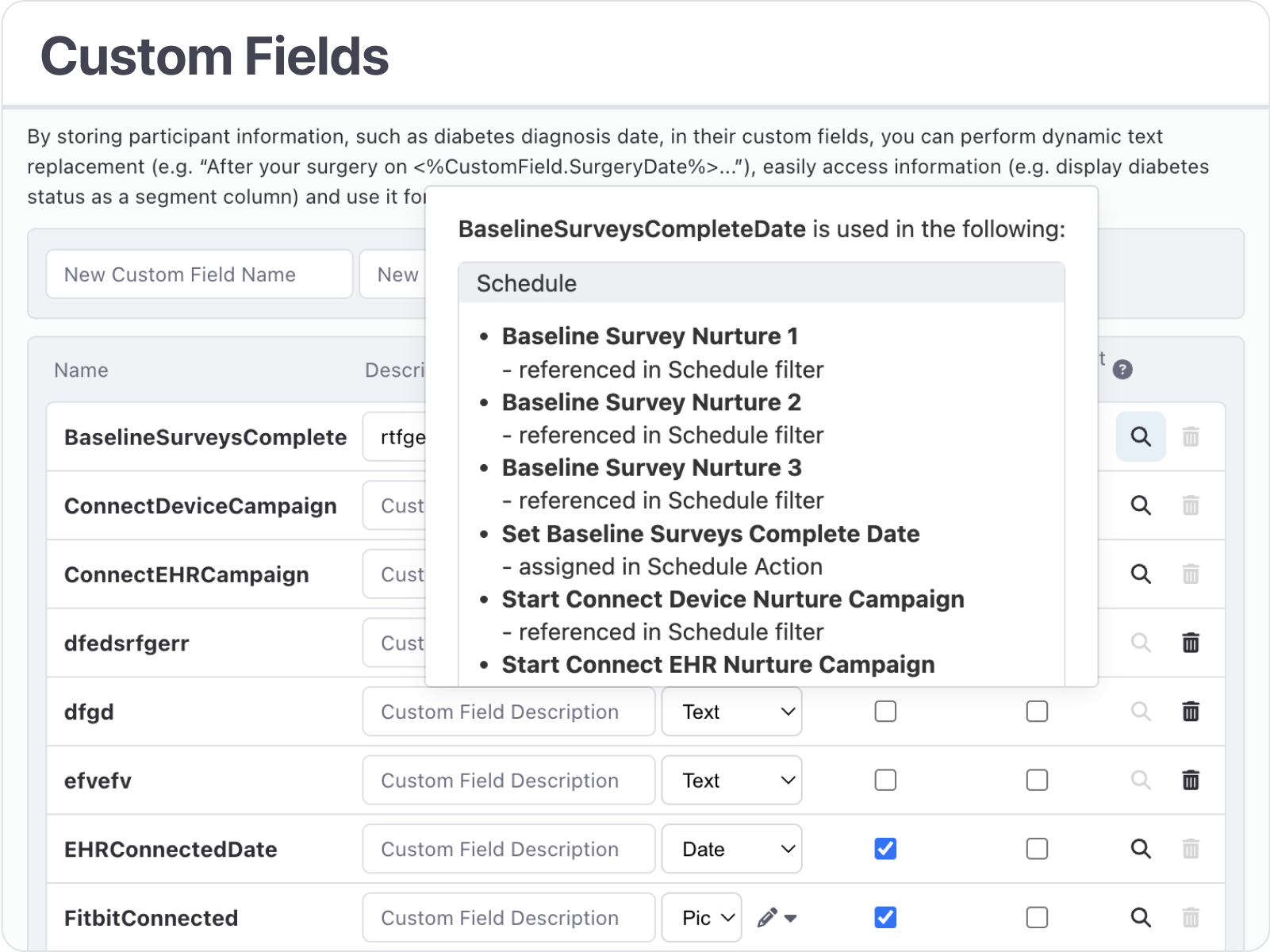 Custom fields screen