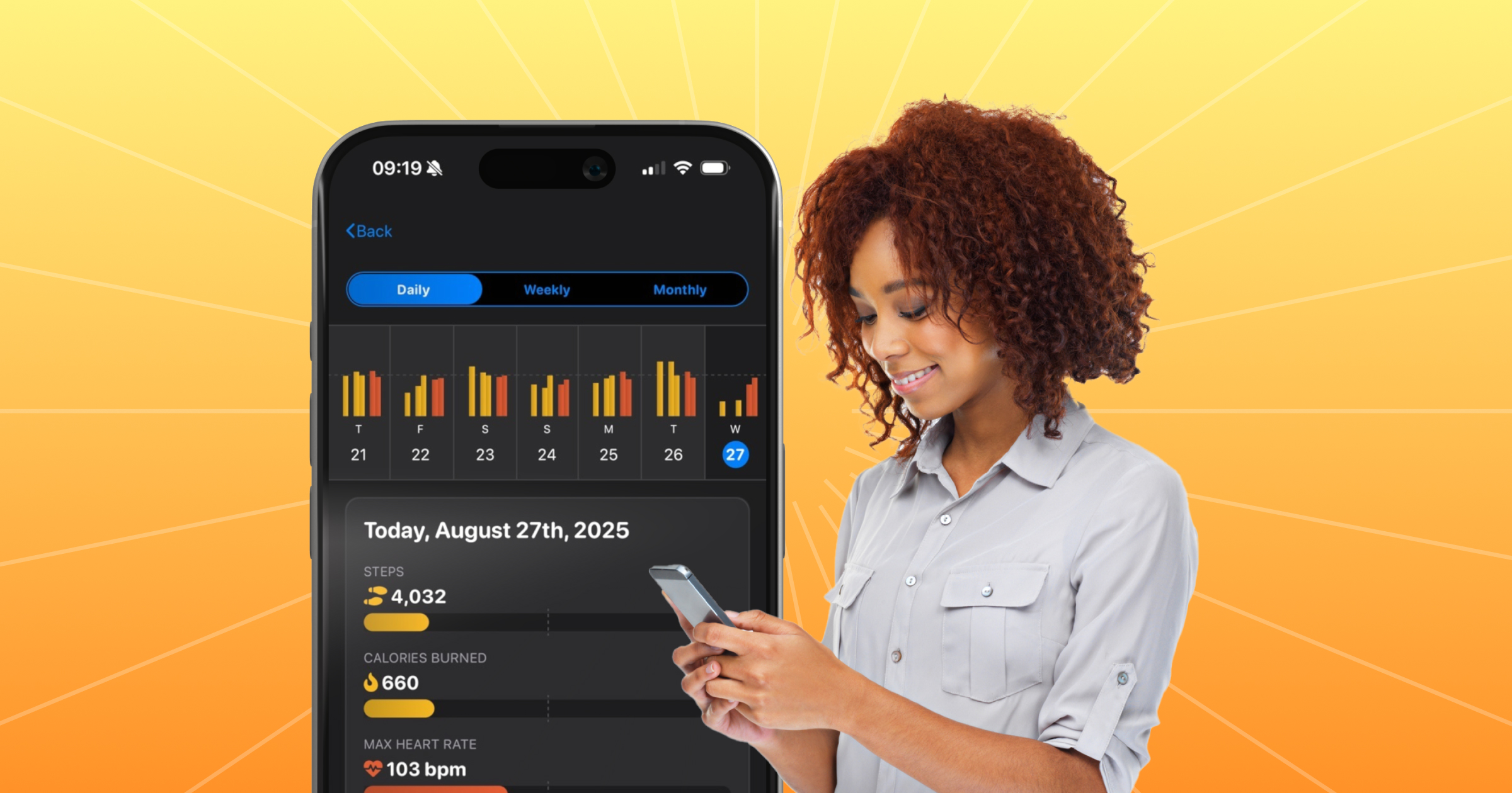 Woman on cell phone with app dashboard screenshot