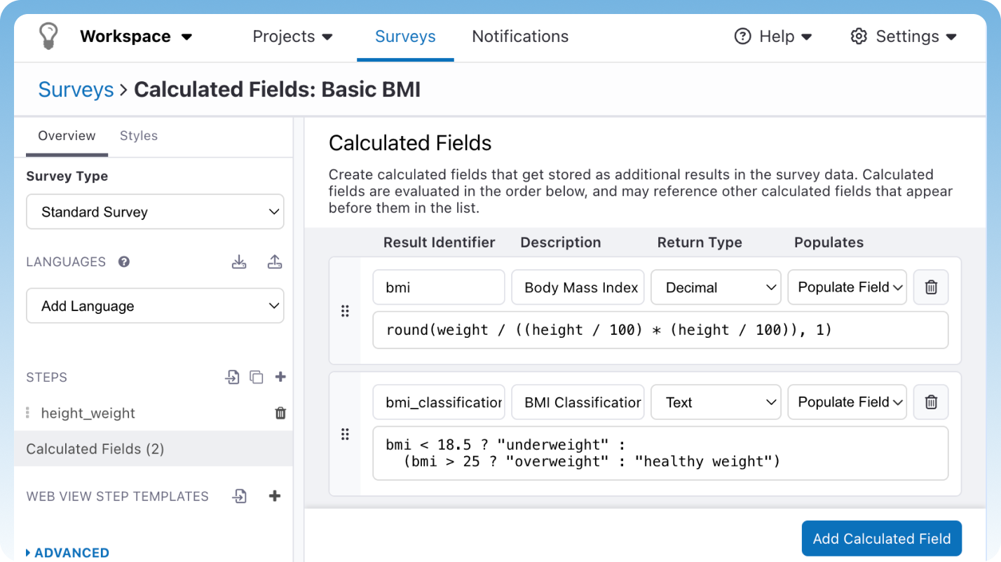 MyDataHelps Designer calculated fields screen