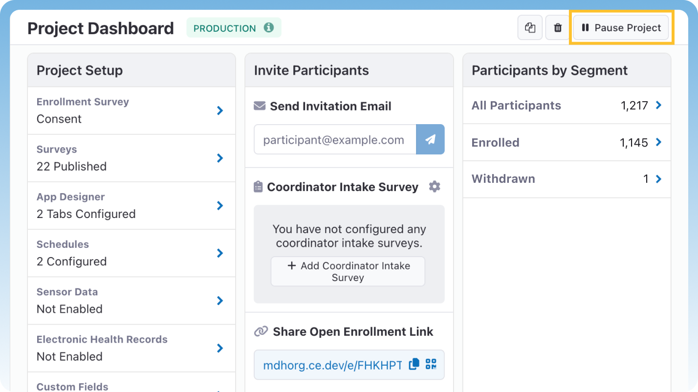 MyDataHelps Designer project dashboard screen