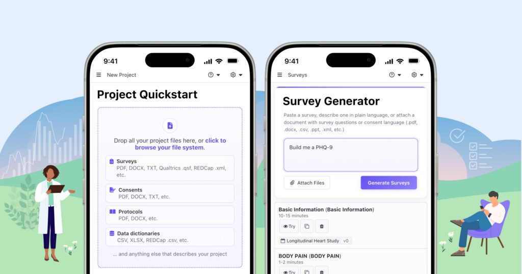 MyDataHelps Project Quickstart and Survey Generator screens