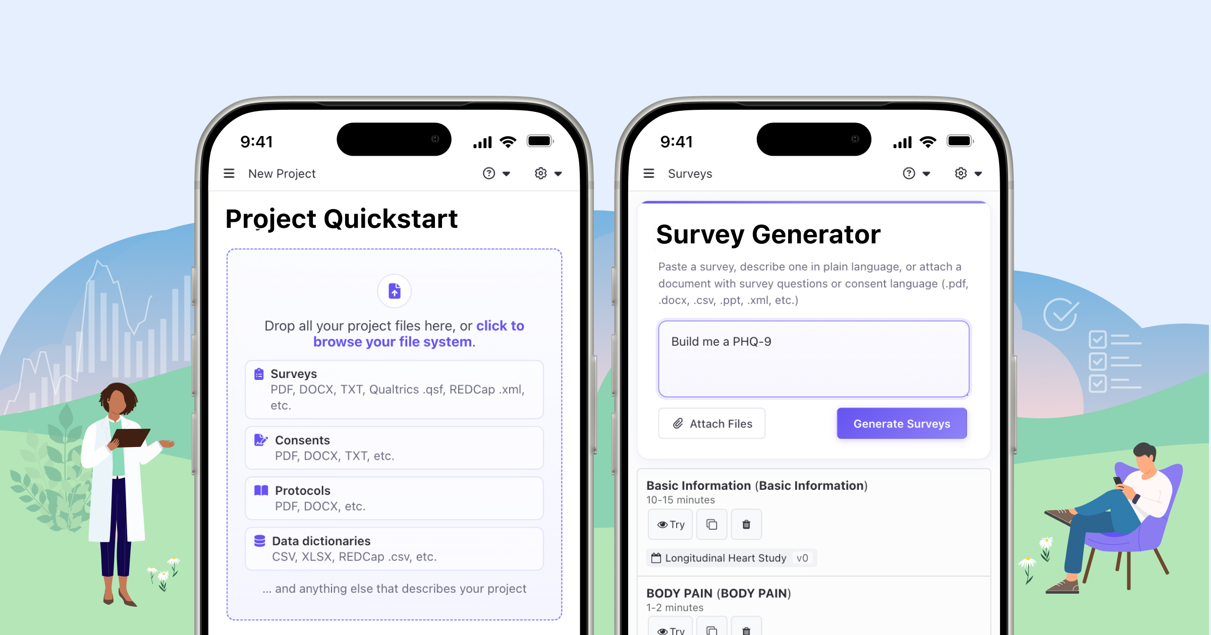 MyDataHelps Project Quickstart and Survey Generator screens