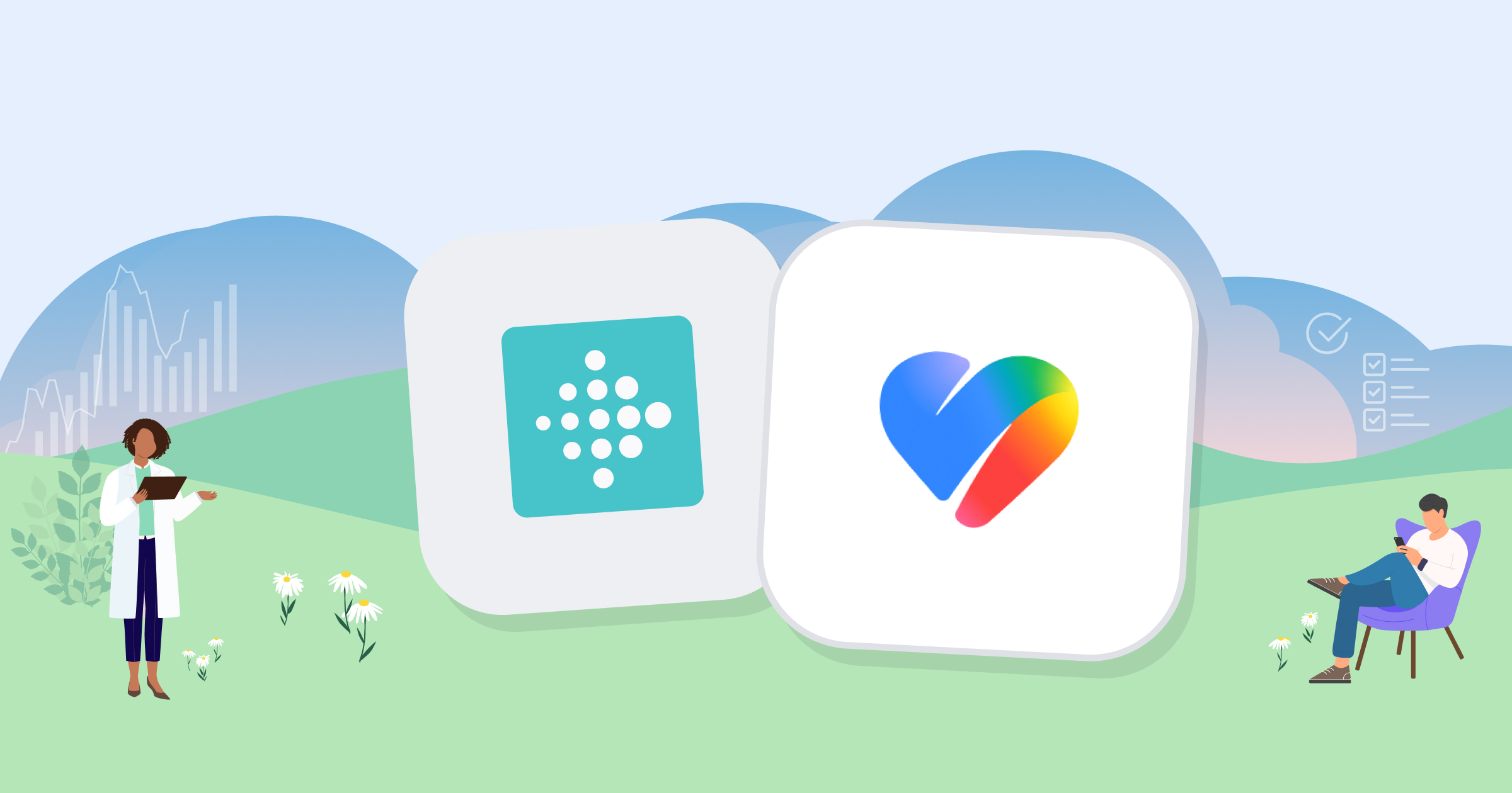 What's new in MyDataHelps Designer: the Fitbit app icon beside the Google Health icon, in a landscape with a researcher and a participant