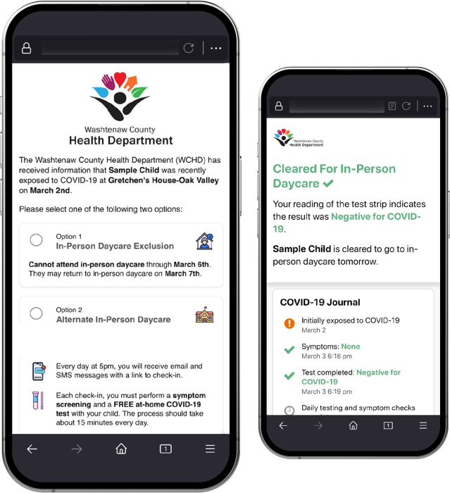 Two phone screens displaying the Return to School initiative on the SaferCovid app, featuring COVID symptom tracking and daycare options selection through local health departments.